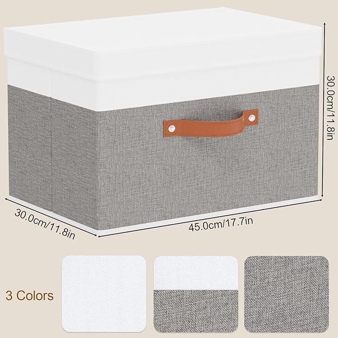 Fabric Storage Boxes with Lids, Linen Foldable Cloth Baskets, 17.7 x 11.8 x 11.8 Inch Closet Organizer Containers with Double Handles, Sweater Bins for Bedroom, White and Grey, 5 Pack