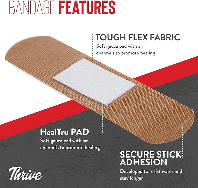 Thrive Adhesive Bandages (Pack of 305)- Multipack- Fabric with Storage Bag, Tough and Flexible Waterproof Bandages Variety Pack for Kids and Adults, Small, Medium, Large, and Circular Sizes Included