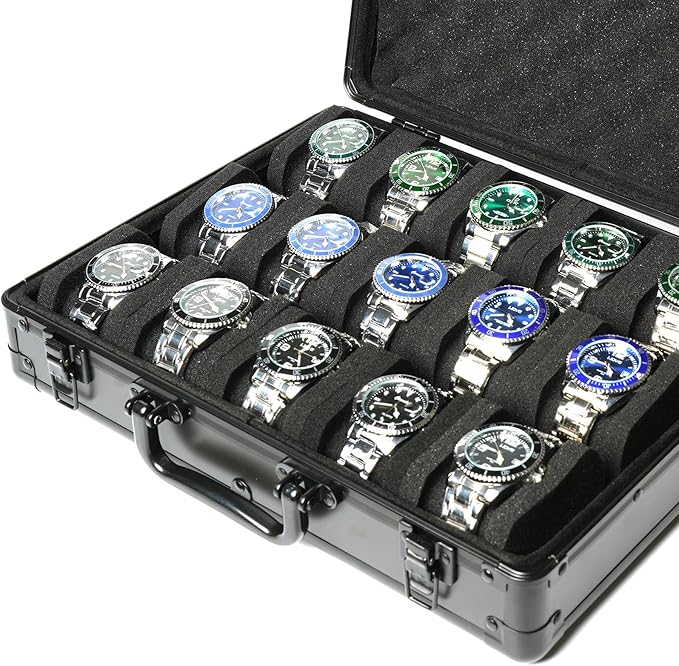 15 slots Watch organizer Case, Aluminum watch storage box, hard watch travel box, padded case for watch display and organization