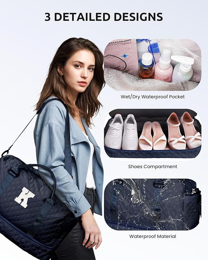 Birthday Gifts-for Women-Initial Duffle Bag with Shoe Compartment, Personalized Weekender Bag, Monogram Overnight Bag, Letter Travel Bag with Makeup Bag，Friend Wife Birthday Gift (Letter C)