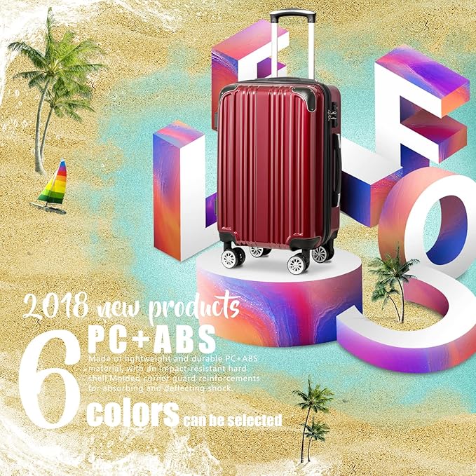 Coolife Luggage Expandable(only 28") Suitcase PC+ABS Spinner 20in 24in 28in Carry on (wine wind new, S(20in)_carry on)