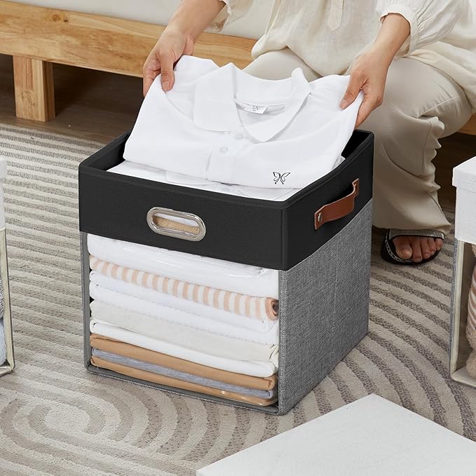 Fabric Storage Cubes with Clear Windows and Lids, 13'' Foldable Storage Bins with 3 Handles, Decorative Storage Boxes for Home, Bedroom, Closet, Office (Black&Gray)