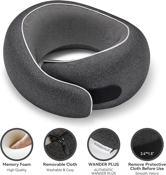 WANDER PLUS® Genuine Travel Pillow, 100% Pure Memory Foam Neck Pillow for Airplanes, Comfortable Breathable Cover, 360° Support Stowable Pillows for Sleeping, Car, Airport Travel Essentials Pink
