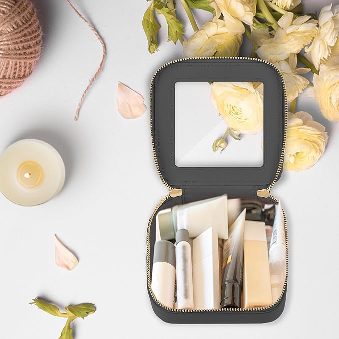 Prite Mini Clear Makeup Bag for Purse Cute Small Travel Cosmetic Bag for Women Waterproof Toiletry Bag Leather Makeup Pouch with Gold Zipper(Black)