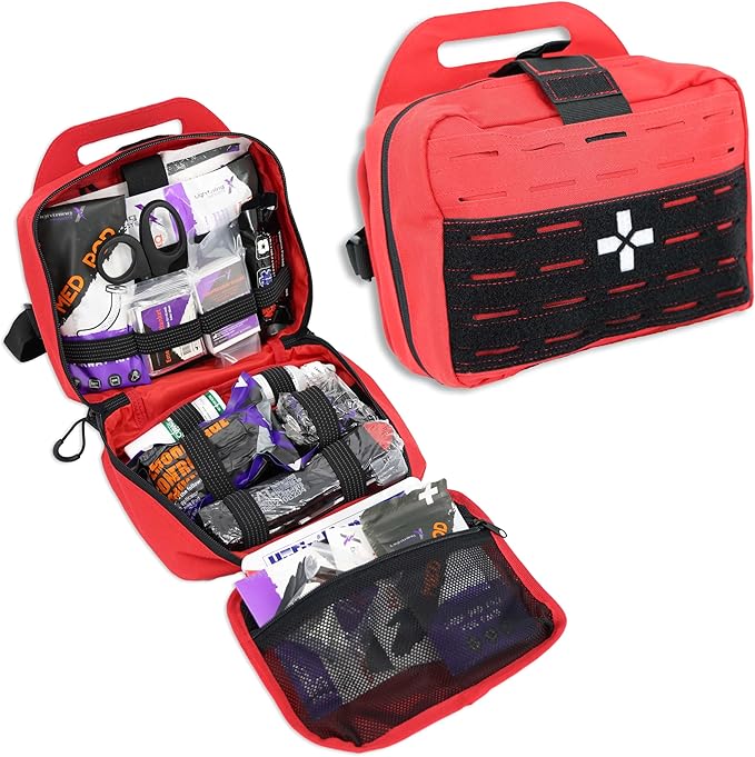 Lightning X Rip-Away Officer's Patrol Tactical Gunshot & Trauma IFAK Kit w/Headrest Mount - RED