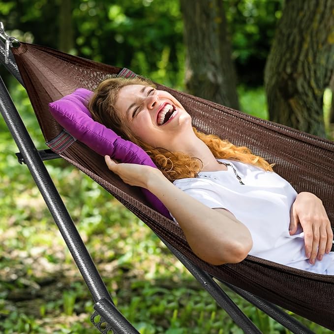 Tranquillo Universal Double Hammock with Stand Included for 2 Persons/Foldable Hammock Stand 600 lbs Capacity Portable Case - Inhouse, Outdoor, Camping, Brown