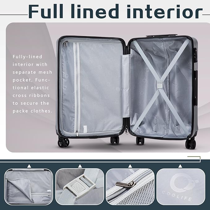 Coolife Luggage Suitcase PC+ABS with TSA Lock Spinner Carry on Hardshell Lightweight 20in 24in 28in (sliver, L(28IN))