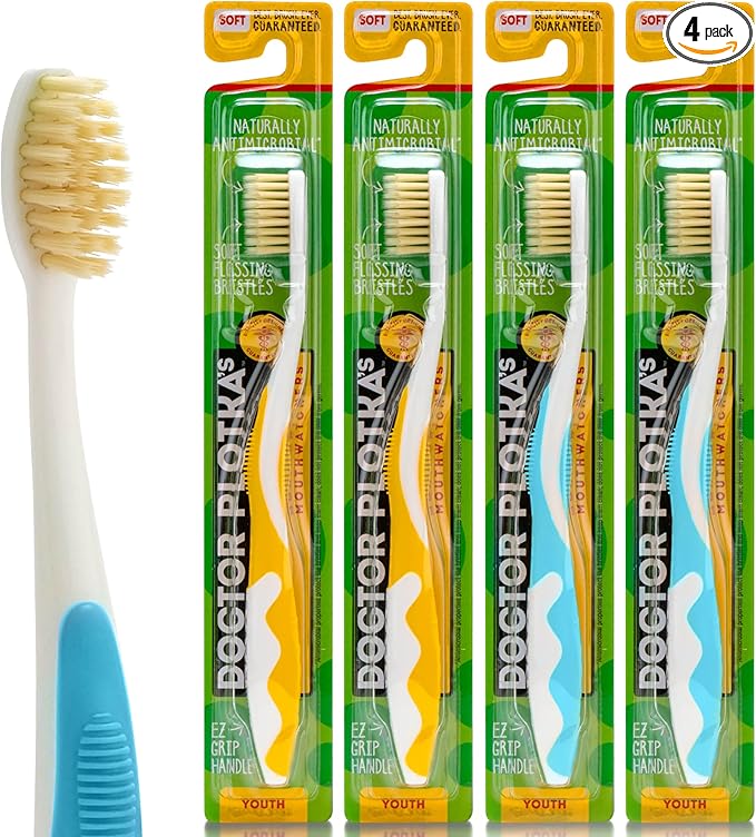 MOUTHWATCHERS Soft Childrens Flossing Manual Toothbrush, Value Pack of 4, Yellow and Blue, Toothbrushes for Kids & Teens, Ultra Clean, by Dr. Plotka's