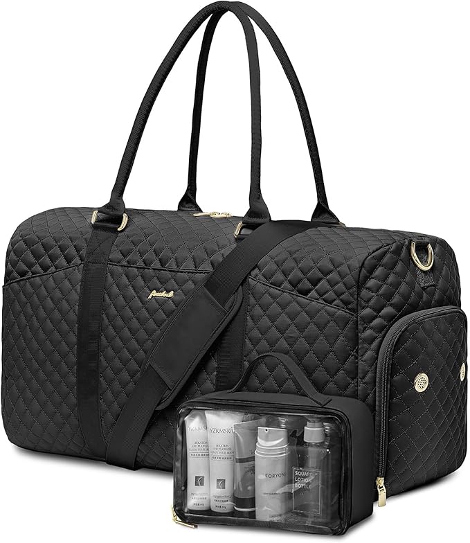 Weekender Travel Duffle Bag for Women - Overnight Bags with Wet Pocket Toiletry Bags Carry on Bag with Shoe Compartment Weekend Yoga Gym Traveling Hospital Bags for Labor and Delivery Black
