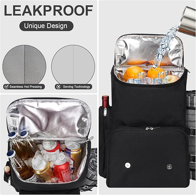 Picnic Backpack for 4 Person with Large Insulated Cooler Bag, Picnic Basket Set with Wine Pouch, Waterproof Picnic Blanket & Cutlery Set. Perfect for Beach, Camping, Party,Wedding Gift for Couple.