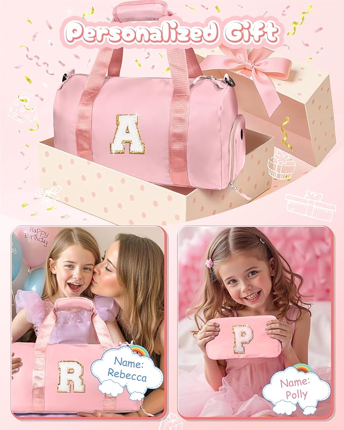 Gifts for 4 5 6 7 8 9 10 Year Old Girls-Girl Gym Bag with Shoe Compartment, Kid Personalized Weekender Overnight Bags, Initial Travel Tote with Makeup Pouch, Gift for Daughter (Letter G)