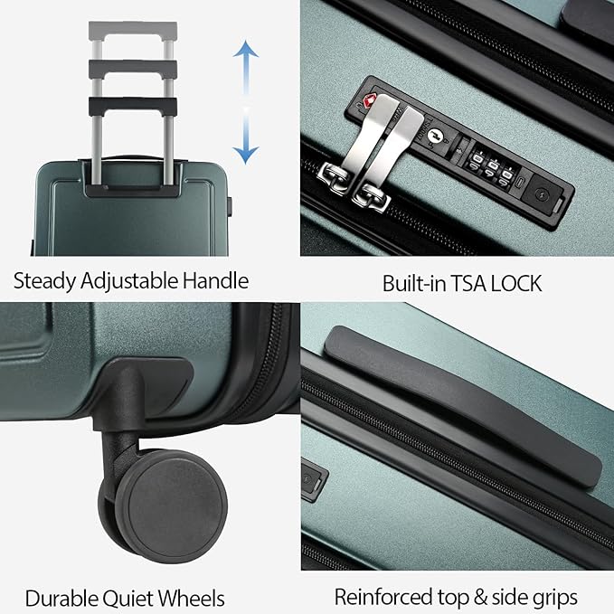 KROSER Carry On Luggage with Spinner Wheels & Built-in TSA Lock, Expandable Top Loading Hard Shell Suitcase Large Capacity Durable Rolling Luggage with USB Port, Carry-On 20-Inch, Dark Green