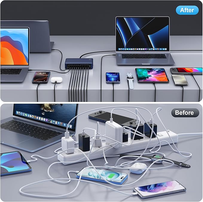 730W USB C Charger Block,10-Ports GaN V Fast Charging Station Hub,QC4.0+3 PD 100W Laptop Charger Wall Power Adapter for MacBook Pro/Air,DELL,iPhone 17/16/15/14,iPad,Galaxy S25,Pixel,Steam Desk-Navy