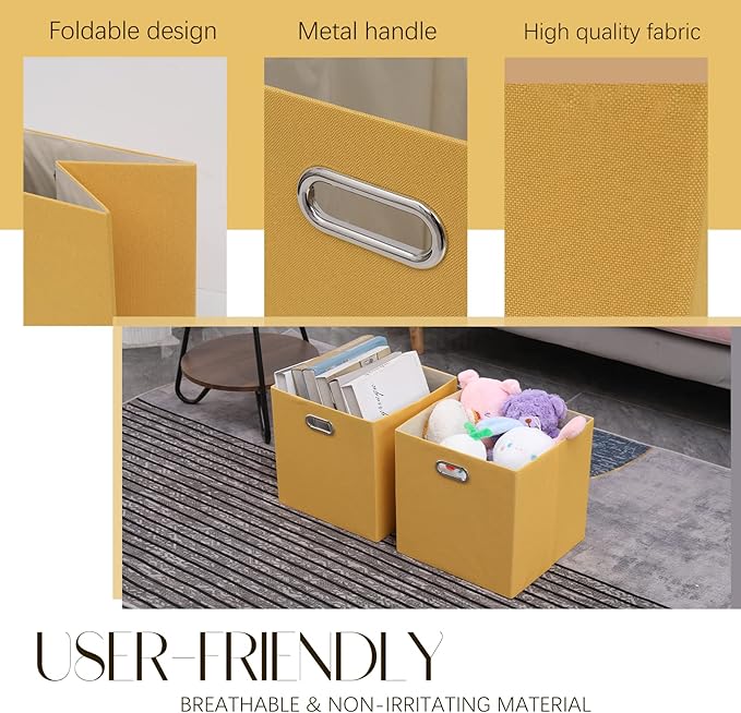 Cube Storage Bins 13×13x13 Inch, 4 Pack Collapsible Linen Fabric Storage Cubes with Handles, Thick Heavy Duty Storage Baskets for Shelves Kallax Bedroom Dormitory Toy Clothes, Yellow
