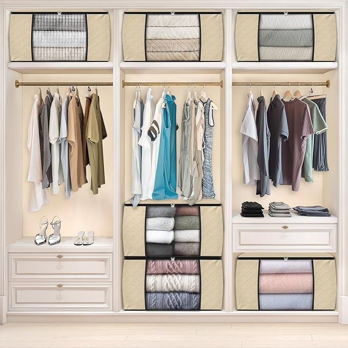 Fab totes 24 Gallons Clothes Storage, Foldable Thick Fabric Blanket Storage Bags, Containers for Organizing Bedroom, Closet, Clothing, Comforter, Organization with Handle (8 Pack,Beige)