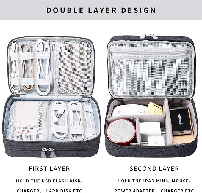 MIRLEWAIY Travel Cords Organizer Case Double-Layer Electronic Accessories Carrying Bag for Charger Cables Adapter USB Sticks Leads Memory Cards, Black