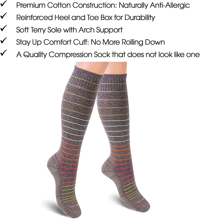 Cotton Compression Socks for Women & Men. 15-20 mmHg Support Knee-High Indigo Stripes M/L