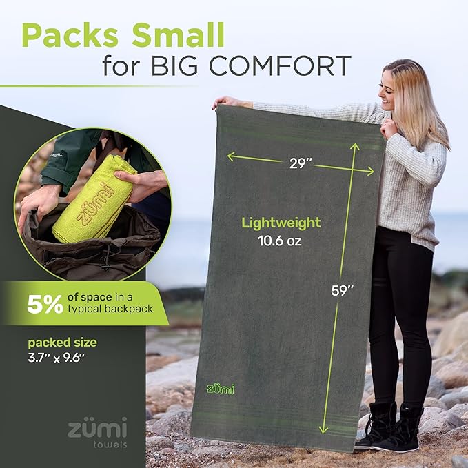 Zumi 100% Cotton Quick Dry Large Travel Towel - Soft, Thin, Compact, Highly Absorbent, Lightweight Camping Towel for Beach, Gym, Bath, Shower, Swimming, Dorm, RV - White
