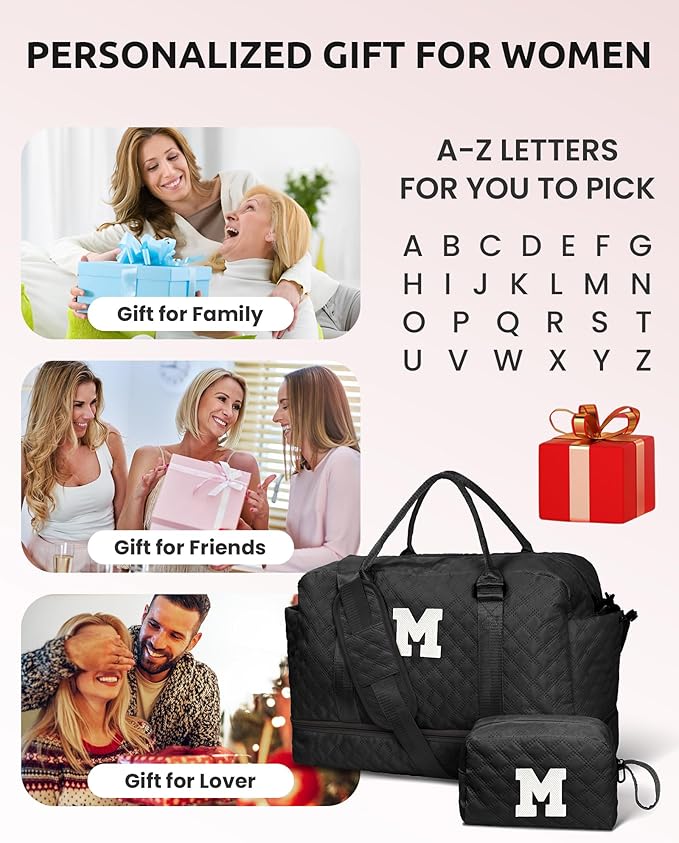 Gifts for Friends-Initial Duffle Bag with Shoe Compartment, Personalized Weekender Bag, Monogram Overnight Bag, Travel Bag with Makeup Bag，Birthday Gifts Bag for Daughter Sister (Letter I)