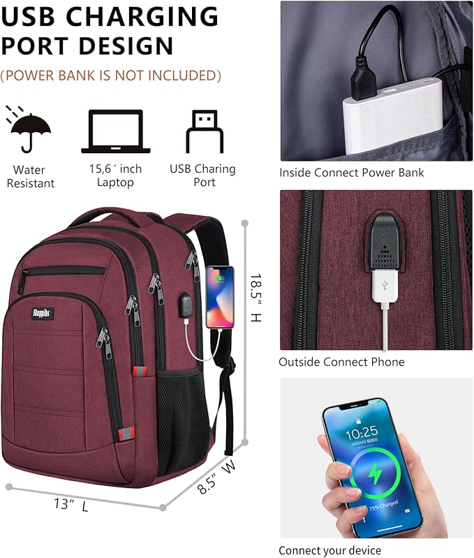 Backpack for Women Men, Travel School Backpacks for Teen Boys, Bookbag with USB Charging Port, Anti Theft College Backpack Fits 15.6 Inch Laptop, Casual Work Business Back Pack, Red
