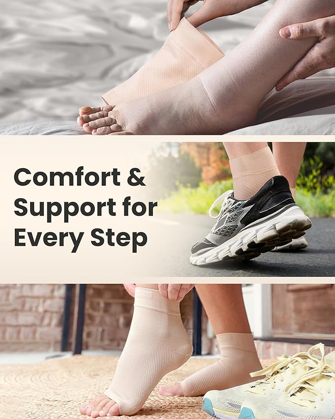 KEMFORD Ankle Compression Sleeve - Plantar Fasciitis Braces - Open Toe Compression Socks for Swelling, Sprain, Neuropathy, Foot Arch Support for Men and Women - 20-30mmhg, L, Beige