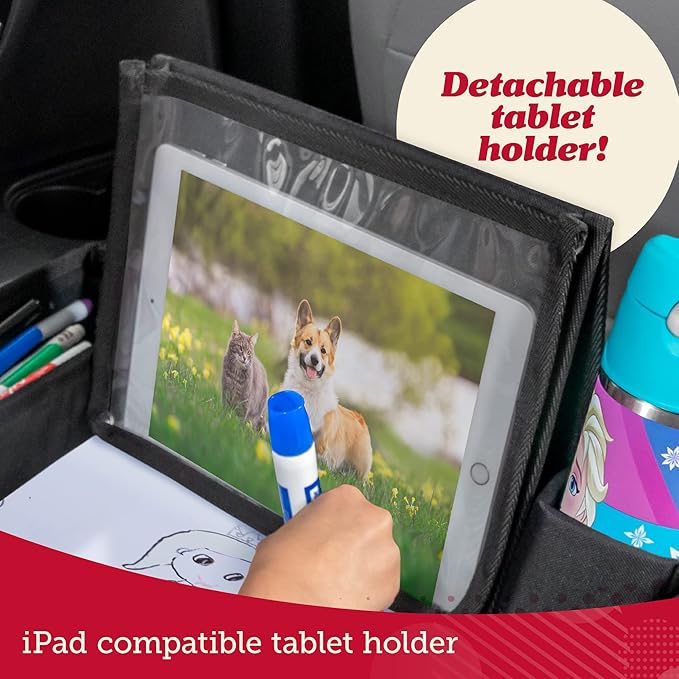 Lusso Gear Car Seat Tray - 1-Pack Black - 600D Oxford Lap Desk Organizer & Tablet Stand with Dry-Erase Surface, Snack & Cup Holder - Kids Travel Tray for Car Seat
