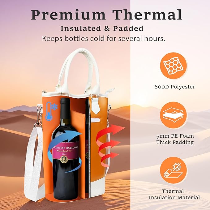 Tirrinia Insulated Wine Gift Carrier Tote - Travel Padded 2 Bottle Wine/Champagne Cooler Bag for Portable Wine Bottle Carrying Case, Women Men Wine Party Bag for Event, BYOB,B each, Gift for Wine