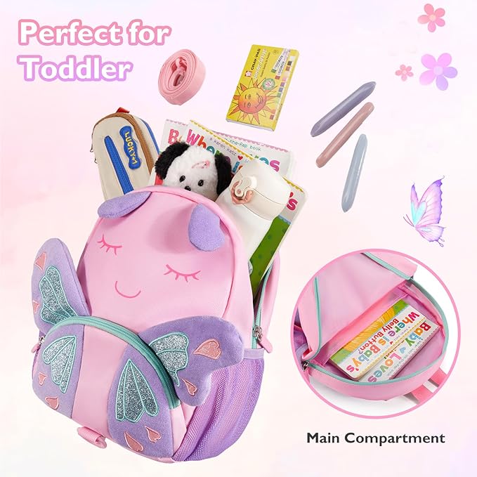 mommore Toddler Backpack for Girls 2-4, 3D Cartoon Cute Kids Backpack Water-Resistant Compact for Travel Preschool with Toddler Leash, Chest Buckle, Butterfly