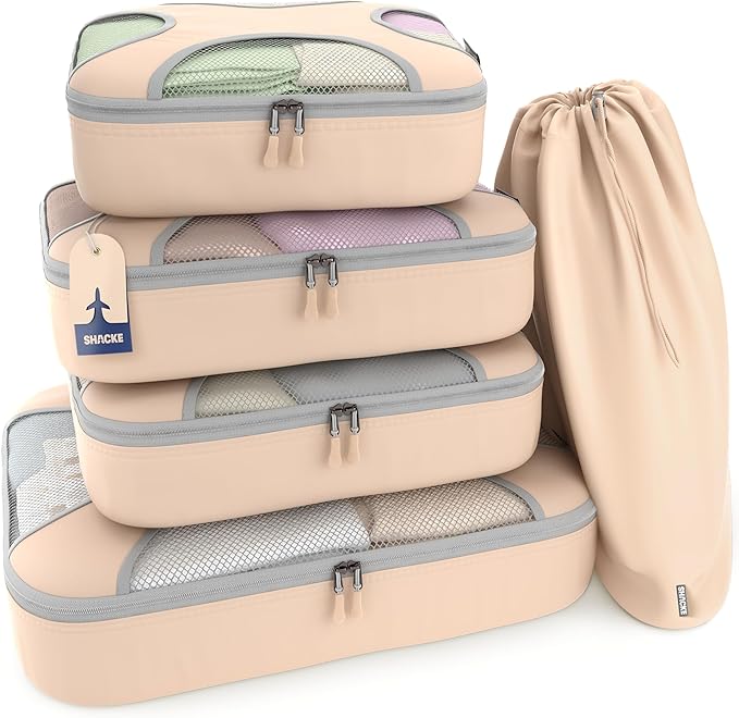 Shacke Premium 5 Packing Cubes Set - Lightweight Mesh Travel Luggage Organizers with Laundry Bag, 5-Piece Suitcase Storage System (Nude Biege)