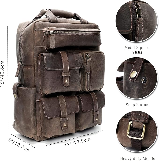 Handmade Leather Backpack for Men and Women, 15.6 Inch Laptop Bag, Genuine Leather Casual Daypack, For College & Office, Travel or Hiking - Retro Hunter Brown