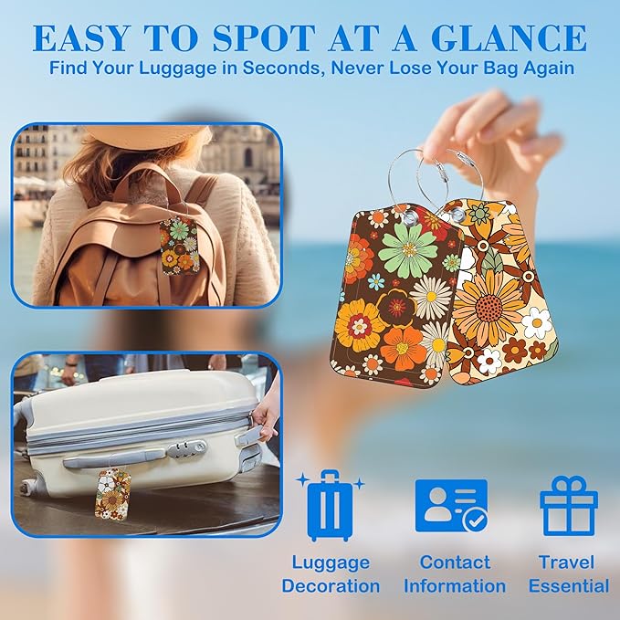 70s Retro Floral Luggage Tags for Suitcases Leather Travel Tags for Luggage ID Label with Privacy Cover and Stainless Steel Loop for Men Women Suitcase Backpack, Set of 2