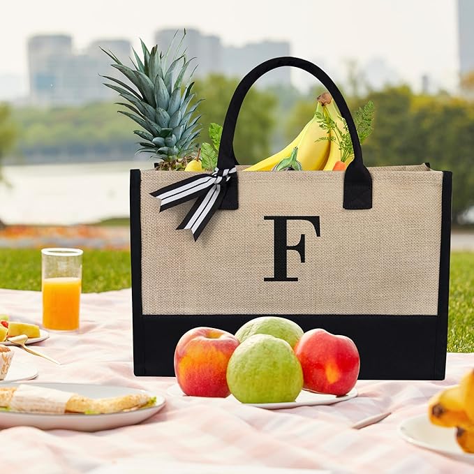 TOPDesign Initial Jute/Canvas Tote Bag, Personalized Present Bag, Suitable for Wedding, Birthday, Beach, Holiday, is a Great Gift for Women, Mom, Teachers, Friends, Bridesmaids (Letter F)