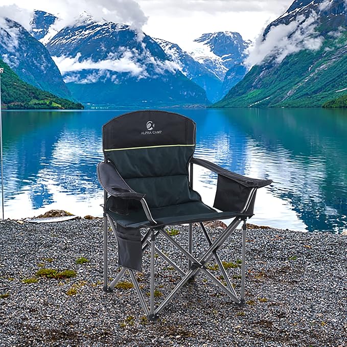 LET'S CAMP Oversized Folding Camping Chair Portable Outdoor Heavy Duty Padded Chairs Lawn Chair with Cup Holder, Storage Pocket and Cooler Bag, Supports 450LBS, for Camp, Travel, Picnic,2 Pack(Green)