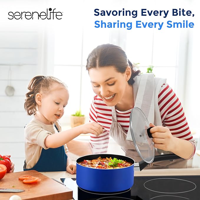 SereneLife Kitchenware Pots & Pans Basic Kitchen Cookware, Black Non-Stick Coating Inside, Heat Resistant Lacquer (6-Piece Set), One Size, Blue