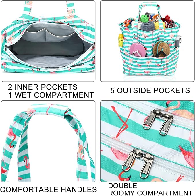 LEDAOU Large Beach Tote Bag Women Waterproof Sandproof Zipper Beach Tote Bag for Pool Gym Grocery Travel with Wet Pocket