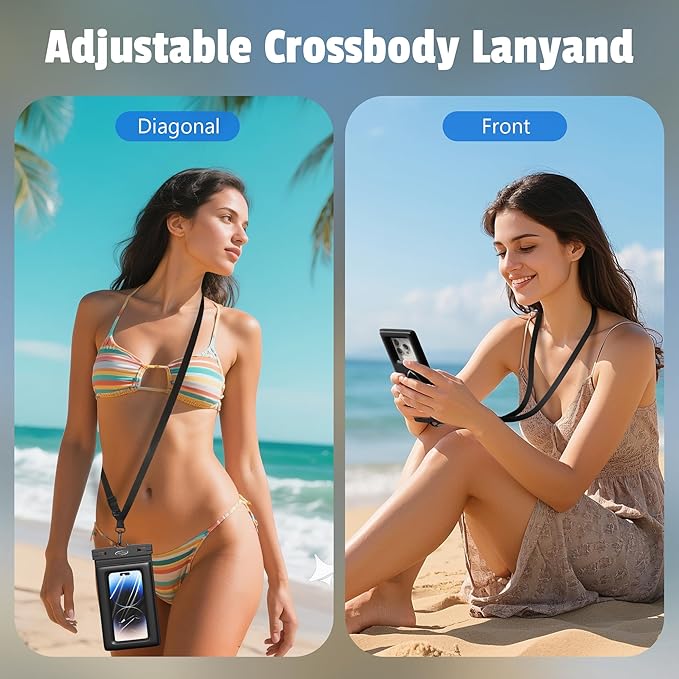 AiRunTech Waterproof Phone Pouch,Floating Waterproof Phone Case with Adjustable Lanyard,Beach,Cruise,Vacation Essentials,Summer Travel Phone Protector-2 Pack(Black + Pink)