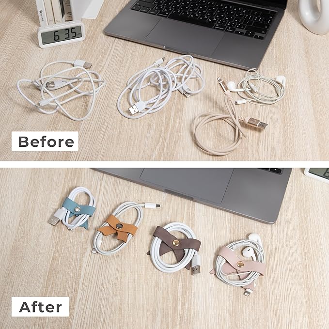 SenseAGE 5 Pack Cord Organizer, Bow Cord Keeper, Cable Organizer USB Holder, Leather Cable Management, Cable Straps, Earphone Winder, Storage Straps for Electronics, Earbuds (Camel Brown, Small)
