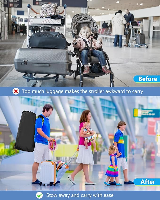 Large Stroller Bag for Airplane, Waterproof Stroller Travel Bag, Gate Check Stroller Bag for Single/Double Stroller Travel Bag with Handle and Drawstring Closure Stroller Cover (Black)