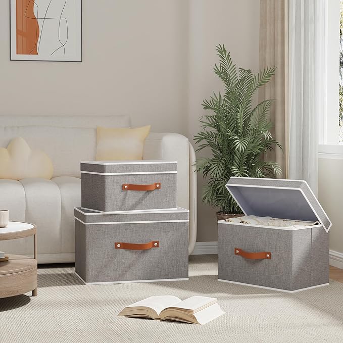 Fabric Storage Bins with Lids, Linen Foldable Clothes Boxes, Closet Organizer Containers with Double Handles, Baskets for Bedroom, Grey, 5 Pack, 13 x 9.1 x 7.9 Inch