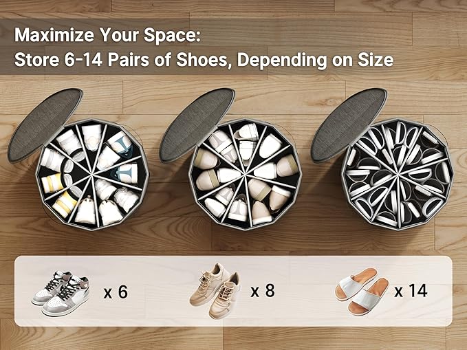 Vailando Shoe Organizer for Closet - Cylindrical Shoe Storage Organizer with Adjustable Dividers for Closet, Foldable Shoe Storage Box, Gray, 2-Pack, Large