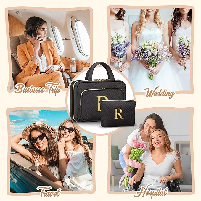 Personalized Gifts for Women, Initial Toiletry Bag Hanging Travel Organizer & Makeup Cosmetic Bag with Embroidery Letter Teacher Appreciation Gift Birthday Mothers Day Gifts for Mom Wife Friend Sister