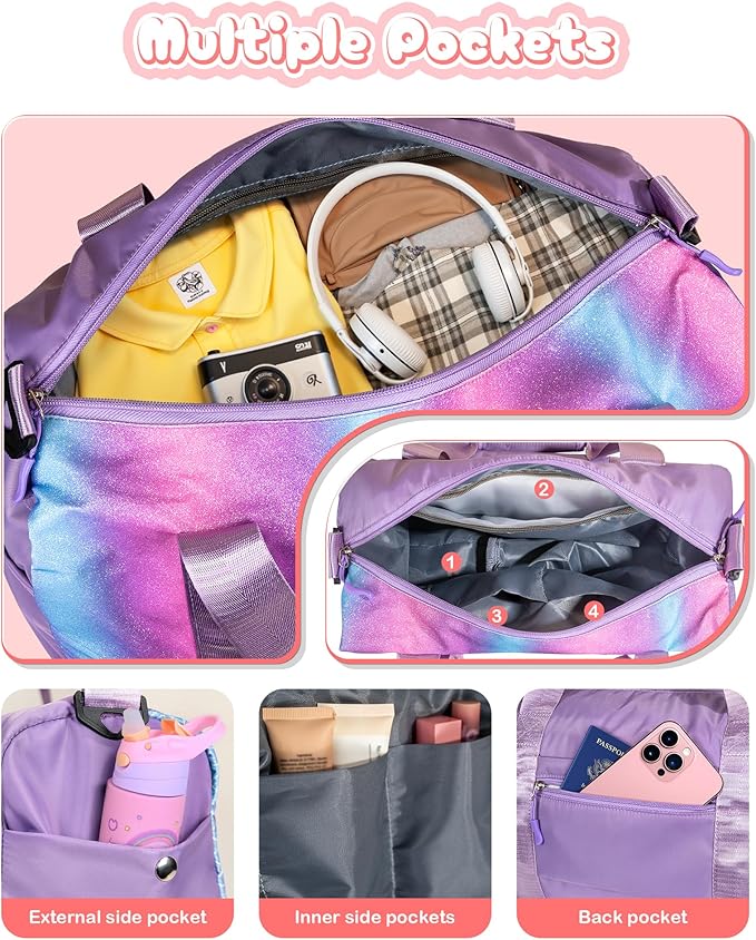 Sister Graduation Gift-Girl Gym Bag with Shoe Compartment, Kid Personalized Weekender Overnight Bags, Initial Travel Tote with Makeup Pouch Valentine's Day Gifts for Kids (Letter I)