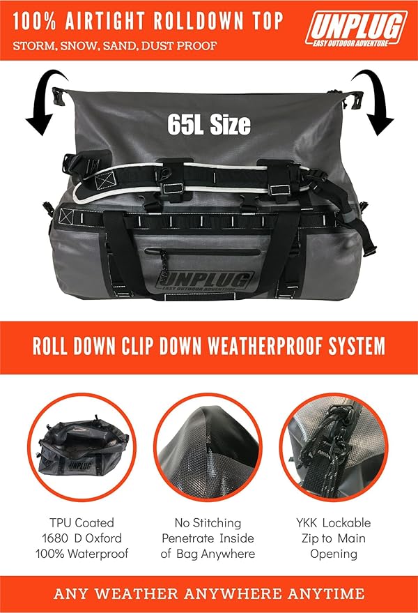 UNPLUG Waterproof Bags for Travel -1680D Heavy Duty Waterproof Duffel Bag for Camping, Motorcycle Dry Bag, Hunting Bag, Bug Out Bag, dry bags for kayaking waterproof boat bag (65L Storm Grey)