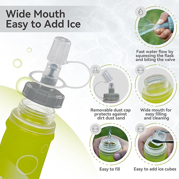 MARCHWAY Soft Hydration Flask with Wide Mouth, 300ml/500ml Collapsible TPU Water Bottle, Leakproof Portable Flexible for Running, Hiking, Cycling, Climbing, Gym, Travel (2pcs Yellow 500ml)