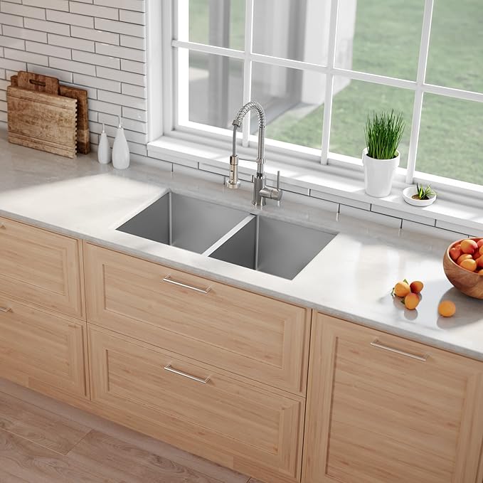 KRAUS Standart PRO™ 33-inch 16 Gauge Undermount 50/50 Double Bowl Stainless Steel Kitchen Sink with WasteGuard™ Continuous Feed Garbage Disposal, KHU102-33-100-75MB