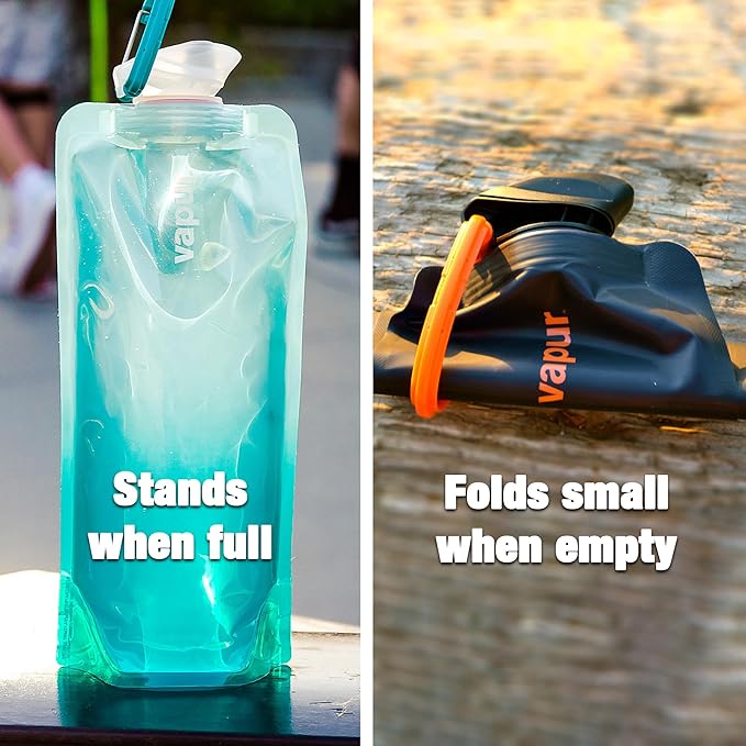 Vapur Collapsible Water Bottle With Carabiner, Compact Bottle Folds Flat For Hydration On The Go, Ideal for Traveling, Hiking or Camping, 23 Ounce, Water Blue, Pack of 1