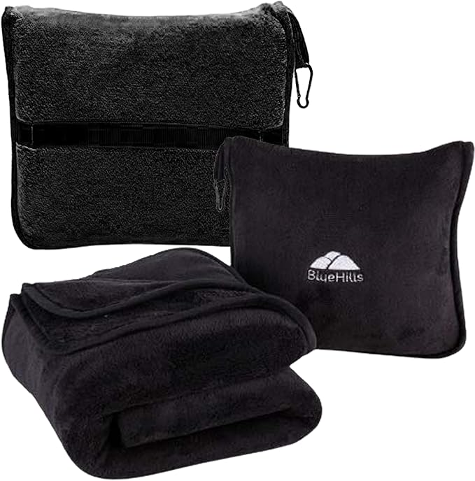 BlueHills Premium Soft Travel Blanket Pillow Airplane Blanket Packed in Soft Bag Pillowcase with Luggage Sleeve Compact Pack Large Traveling Packable Lightweight Gifts Black T008