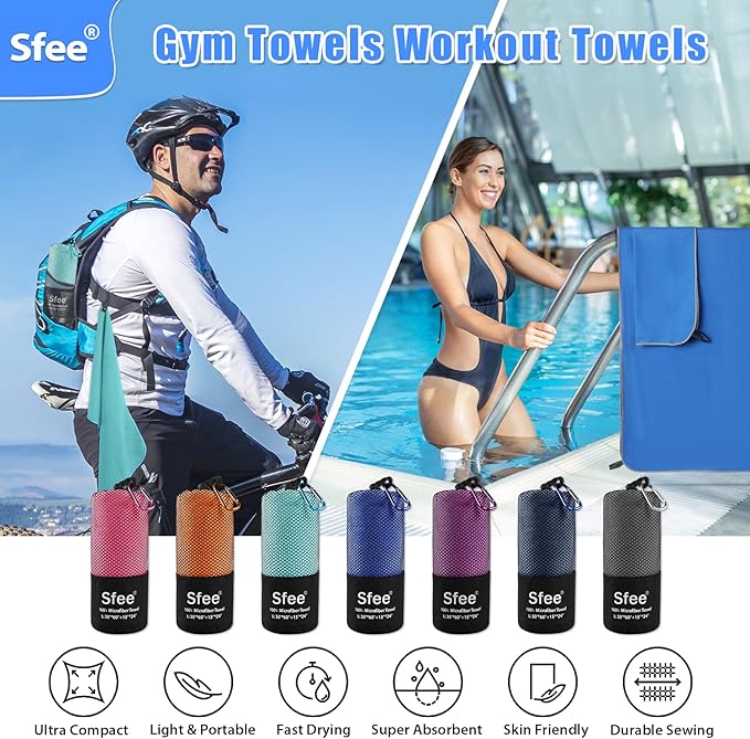 Sfee 2 Pack Microfiber Travel Towel, Quick Dry Camping Towel Super Absorbent Compact Lightweight Sports Gym Towels Set for Gym, Hiking, Pool, Backpacking, Bath, Yoga