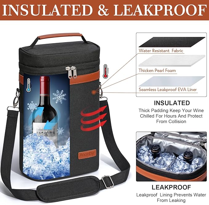 2 Bottle Wine Bag Wine Cooler Carrier Wine Gift Tote Bag, Leakproof & Insulated Bottle Bags for Travel, BYOB, Beach, Dinner, Party, Christmas Gifts for Wines Lovers Women Men - Black