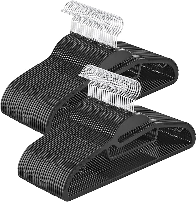 SONGMICS 50 Pack Coat Hangers, Heavy-Duty Plastic Suit Hangers, S-Shaped Opening, Space-Saving, 360º Swivel Hook, 16.3 Inches Wide, Ink Black UCRP41BK-50
